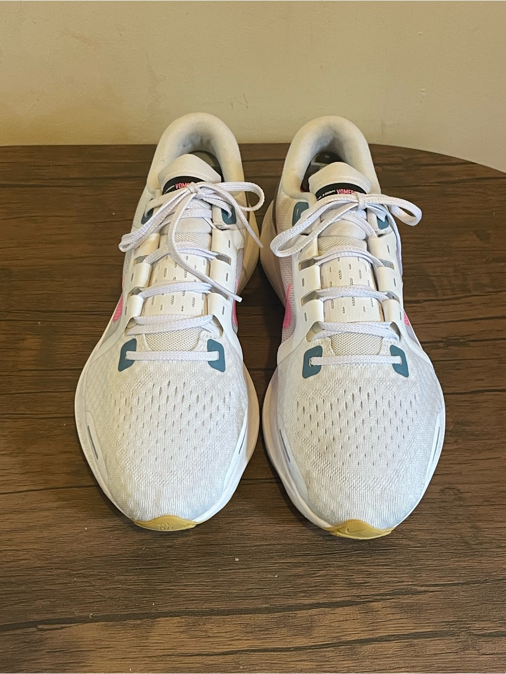 Nike Womens 12 White Running Sneakers with Pink & Teal Accents